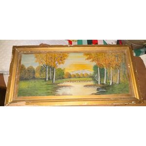Vintage Perle Barton Landscape Painting Autumn Trees Water Sunset Framed Art